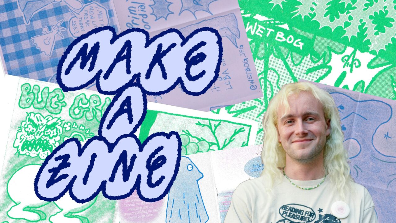 Cover photo that features a picture of the teacher Lu Fraser. A young man with long blond hair. The letters read "make a zine"