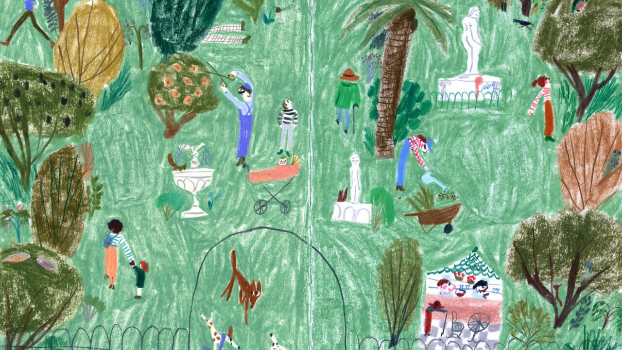 An illustration from a childrens book. Green garden full of people doing different things.