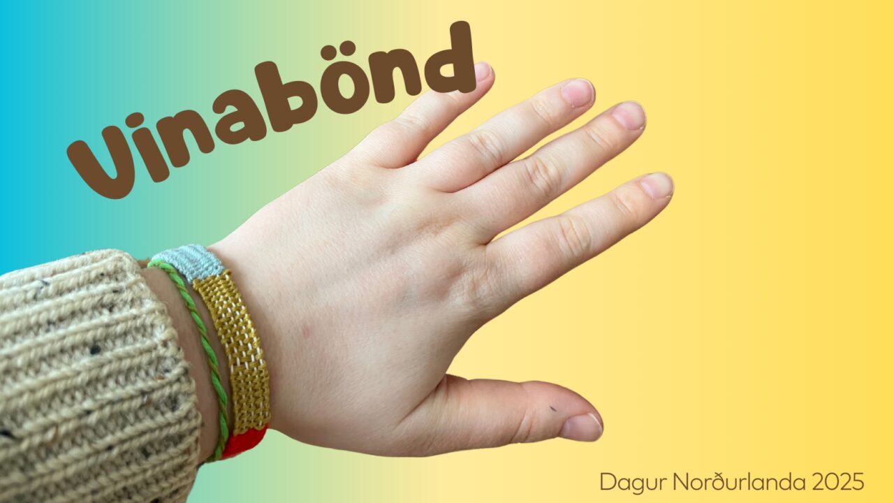 The picture show a hand wearing a friendship bracelet on a yellow and blue background. the texts says Friendship bracelets