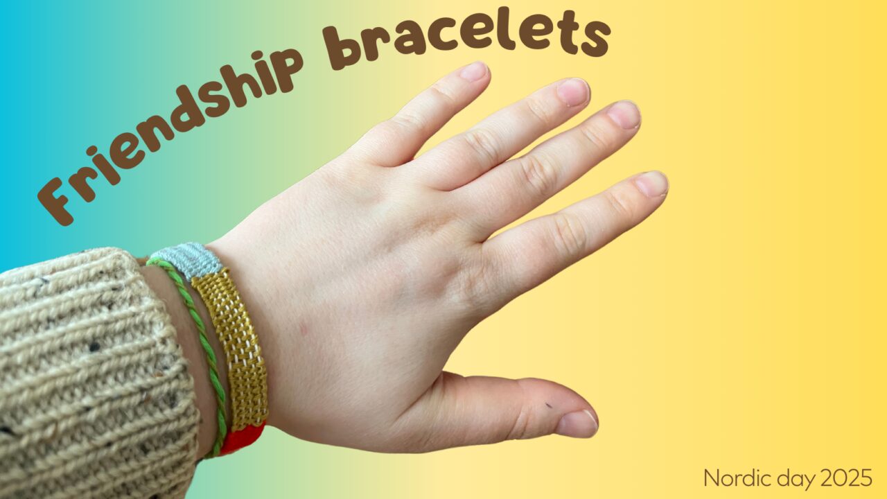 The picture show a hand wearing a friendship bracelet on a yellow and blue background. the texts says Friendship bracelets