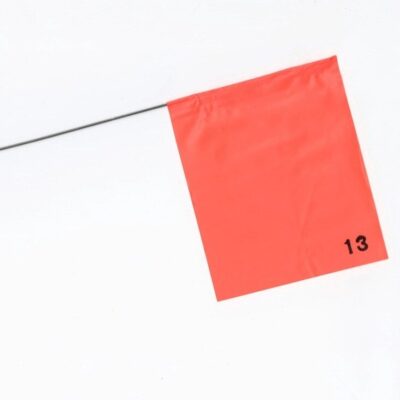 Small red flag on a white background. The number 13 written in black in the corner of the flag.