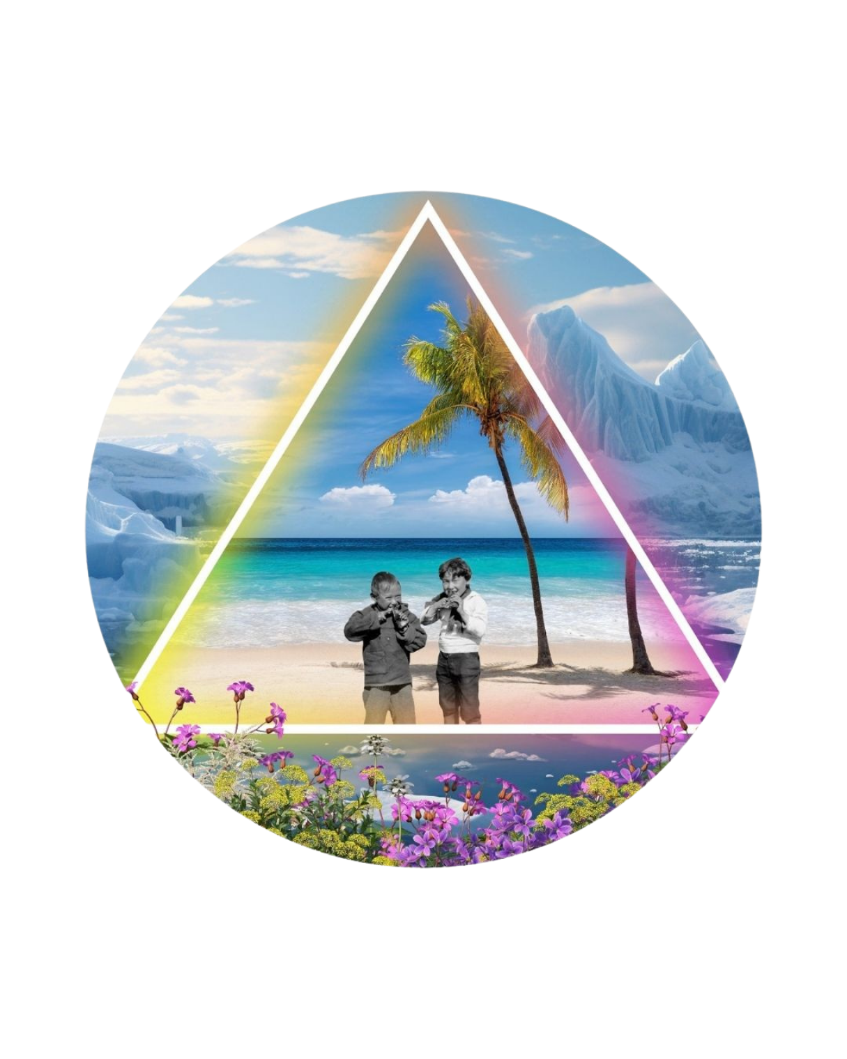 A round image, two kids inside a trianlgle on a colorful beach, arctic landscape around the triangle