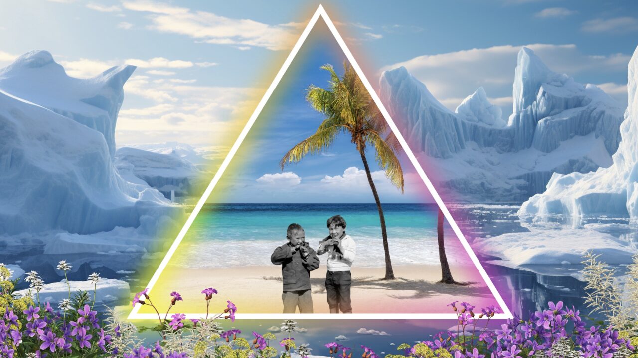 Artwork by Inviguag Stork Hoegh, two Greenlandic children in grey colours stand inside a triangle on a colorful warm beach with palmtrees. Outside of the triangle is a glaciar landscape.