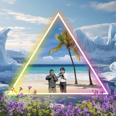 Artwork by Inviguag Stork Hoegh, two Greenlandic children in grey colours stand inside a triangle on a colorful warm beach with palmtrees. Outside of the triangle is a glaciar landscape.