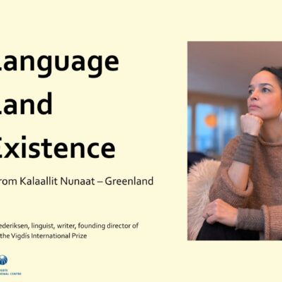 Portrait of Katti Frederiksen. Yellow background and the text Our Language, Our Land, Our Existence.