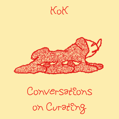 soft yellow background, red drawing of a ambiguous creature. the letters KOK written in red above.