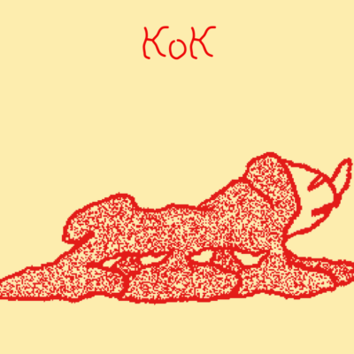 soft yellow background, red drawing of a ambiguous creature. the letters KOK written in red above.