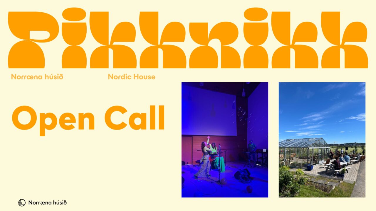 Cover photo with orange letters that spell PIKKNIKK. It also says Open Call, and has two photographs of musicians playing with a band, one inside a greenhouse and the other one in an small auditorium with blue lights.