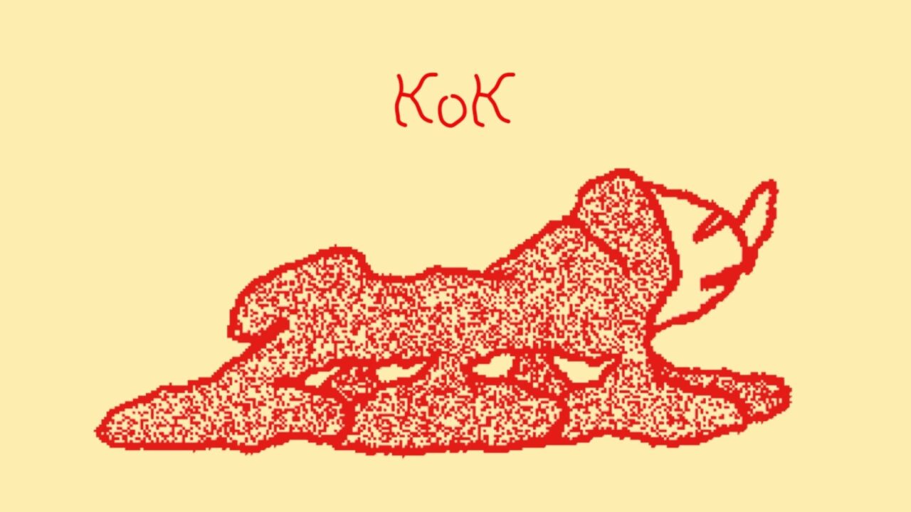 soft yellow background, red drawing of a ambiguous creature. the letters KOK written in red above.