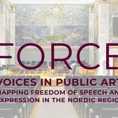 A picture in the bacground of a meeting hall, in red the letters: FORCE, Voices In Public Art: Mapping Freedom Of Speech And Expression In The Nordic Region
