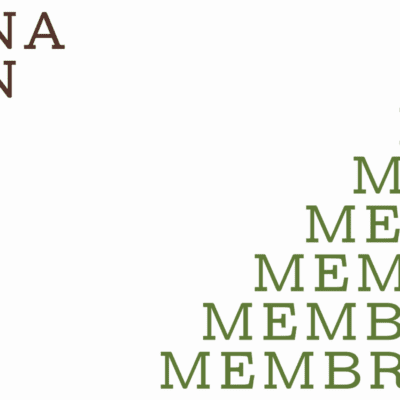 Graphic design spelling out Himna letter by letter in brown in the left corner, and memrane in green in the right corner