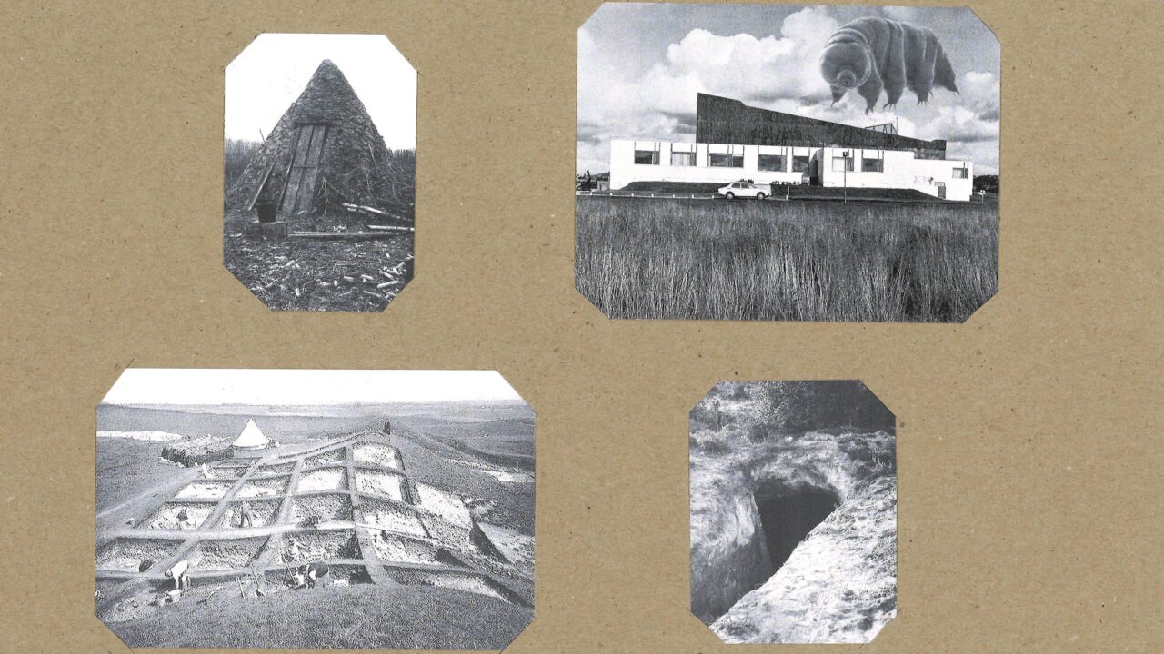 Four pictures in black and white on brown background. Pictures show the Nordic house with a cat
