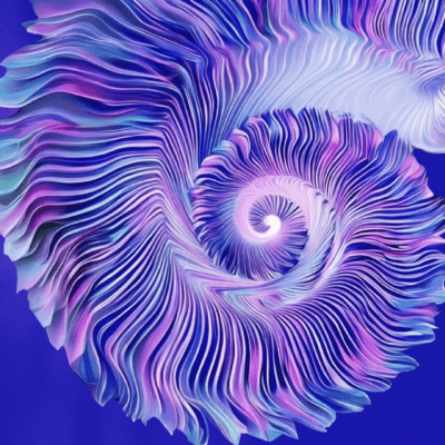 Animation of a seashell-spiral in purple, blue, pink, and light blue on a purple background