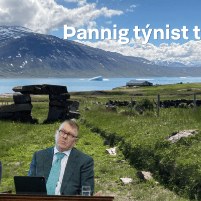 A fjord in the backgorund with two edited pictures added on top, one of a girl thinkning and one of a man in front of a computer