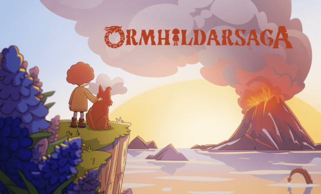 animated figure holding around her dog standing with their backs towards the viwer looking towards a sunset with a vulcano erupting in the distance