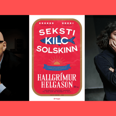 Bilde av forfatter Hallgrimur Helgason, forsiden av hans bok: 60 kilo solskinn, og oversetter Maren Barlien Guntvedt på en rød bakgrunn