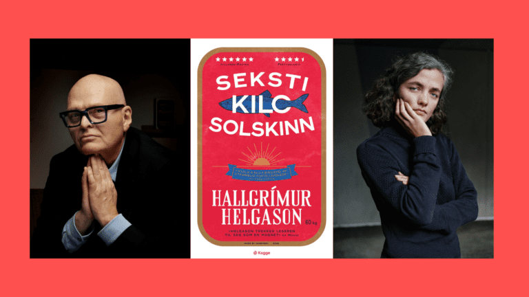 Bilde av forfatter Hallgrimur Helgason, forsiden av hans bok: 60 kilo solskinn, og oversetter Maren Barlien Guntvedt på en rød bakgrunn
