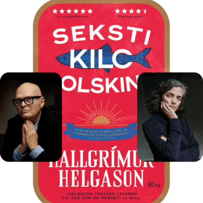 Bilde av forfatter Hallgrimur Helgason, forsiden av hans bok: 60 kilo solskinn, og oversetter Maren Barlien Guntvedt på en rød bakgrunn