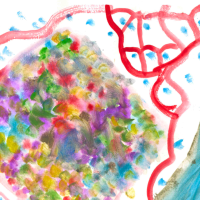 Watercolorpainting, colorful dots and red lineas, blue area reminding of a glacier.