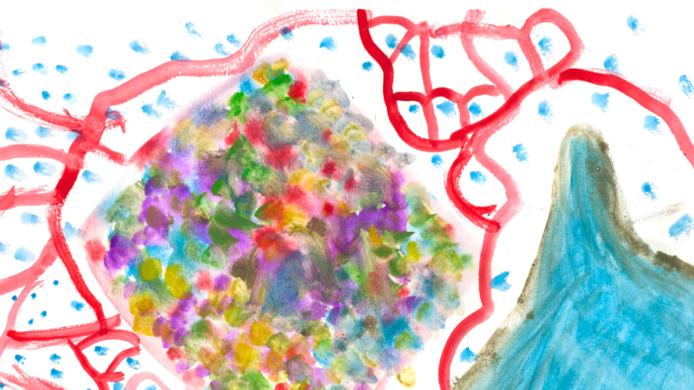 Watercolor painting by a child. Inspired by glaciers, blue, red, green, yellow and purple