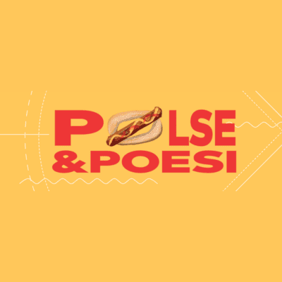 Pølse og Poesi written in read with the Ø being formed by a pølse, on yellow background