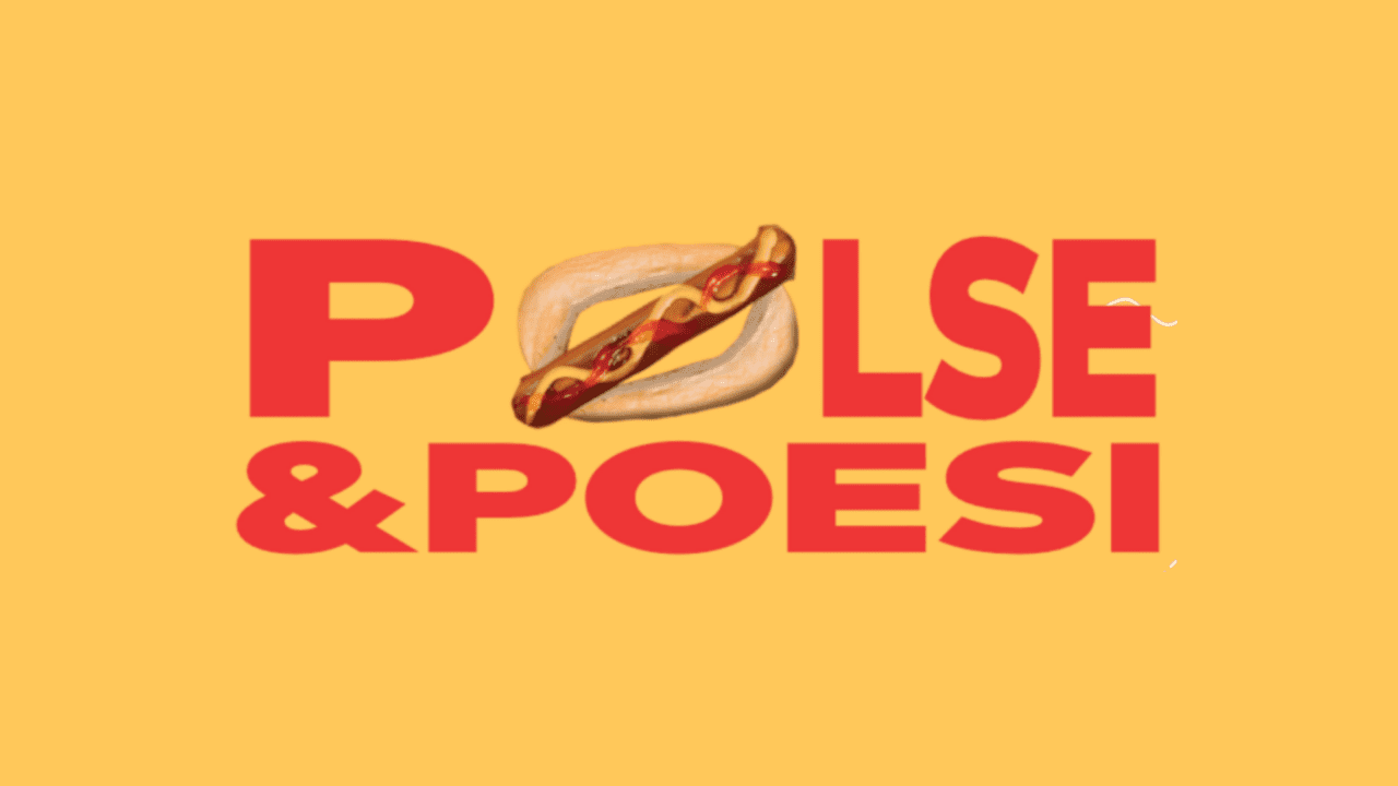 Pølse og Poesi written in read with the Ø being formed by a pølse, on yellow background