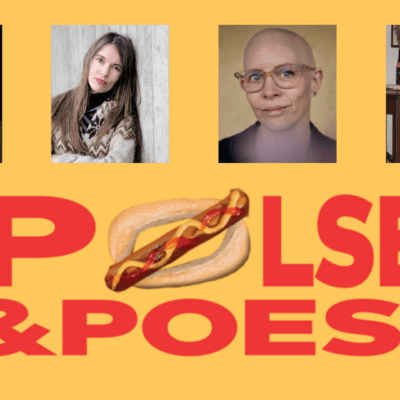 yellow background with Pølse and Poesi written in red with a hot-dog making the Ø in Pølse. above the red text is 4 pictures of 4 poets