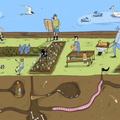 illustration of people walking on grass and the soil underneath them. Creatures in the soil. Illustrated by Estelle Pollaert