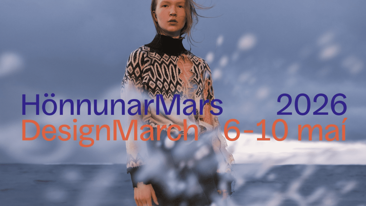 picture of designer in her own collection with the text: Design March and Hinnun Mars in blue and organe with a wave splashing water infront of the designer
