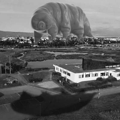 black and white photo taken from above of the Nordic house. A strange creature photoshopped hoovering above the building