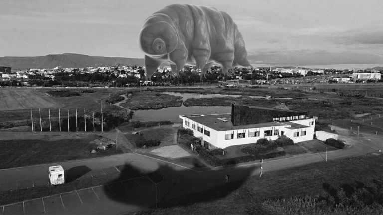 black and white photo taken from above of the Nordic house. A strange creature photoshopped hoovering above the building