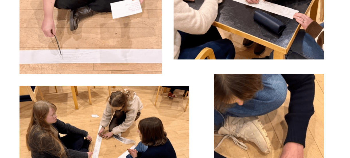 four photos of people working in a workshop. Drawing on paper.