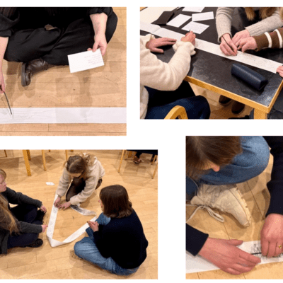 four photos of people working in a workshop. Drawing on paper.