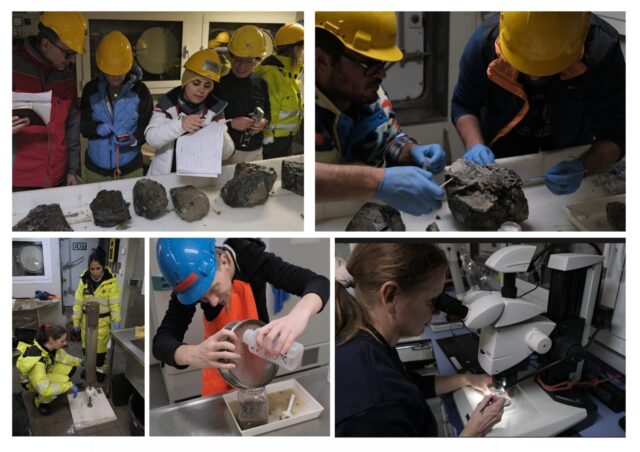collage pf scientists and artists working together on a boat in Svalbard