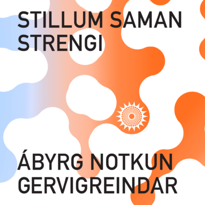 The text "STILLUM SAMAN STRENGI Átak um ábyrga notkun gervigreindar" on a colourfull background.