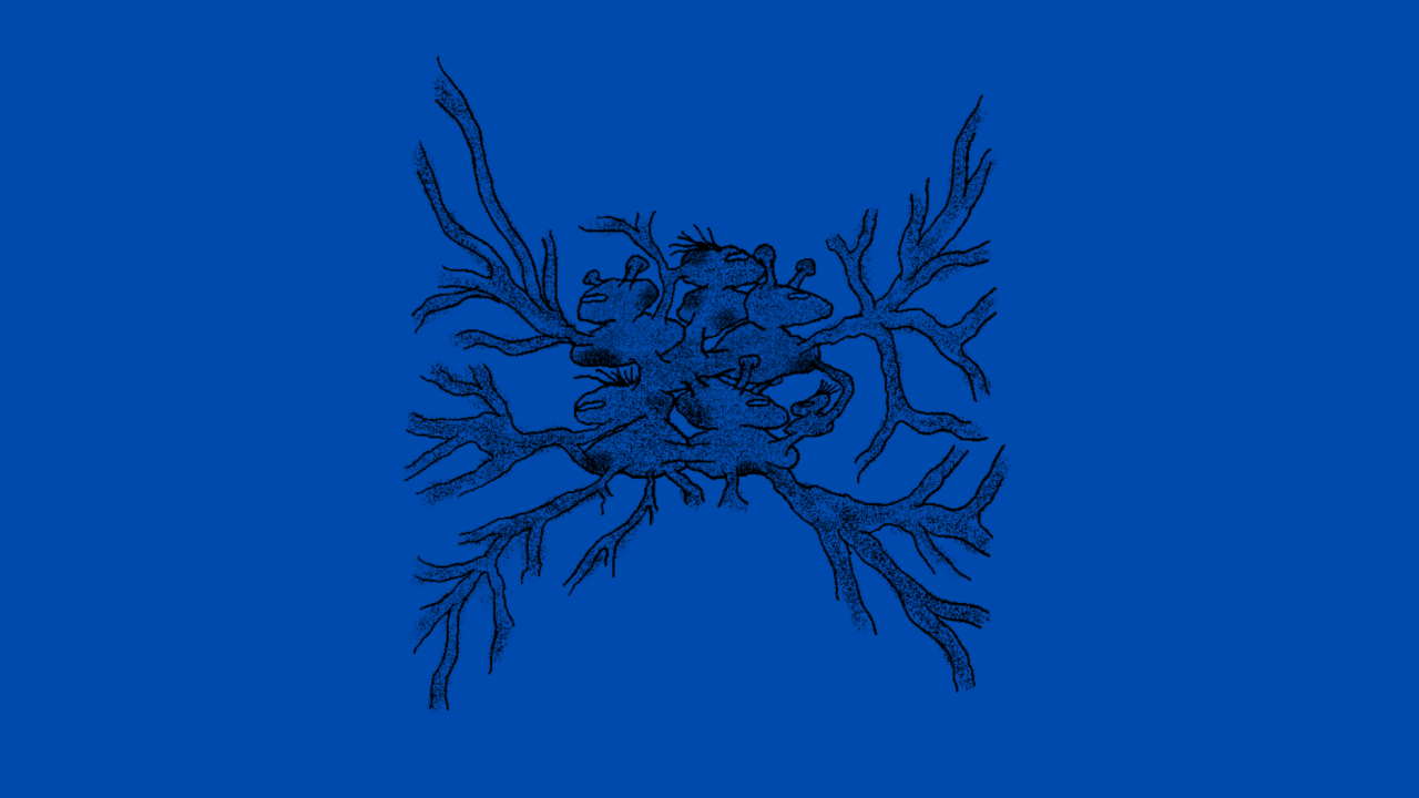Blue background with an abstract artwork