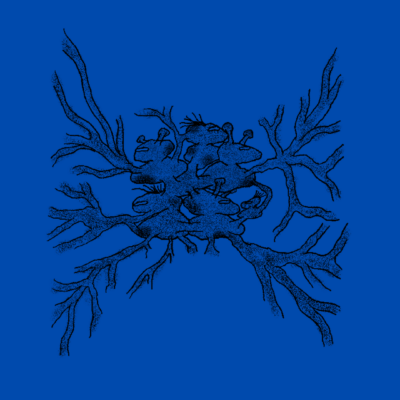 Blue background with an abstract artwork