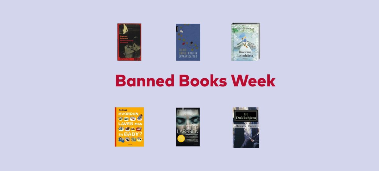 The text "Banned Books Week" with pictures of book covers