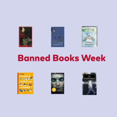 The text "Banned Books Week" with pictures of book covers