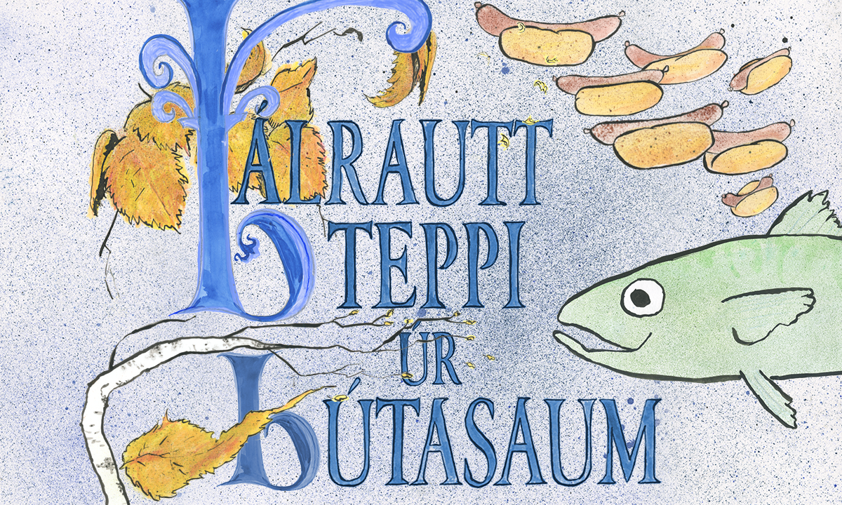 The text "Bálrautt teppi úr bútasaum" with illustrations of a fish, leaves and hotdogs.