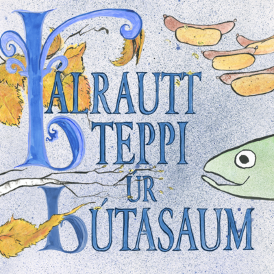 The text "Bálrautt teppi úr bútasaum" with illustrations of a fish, leaves and hotdogs.